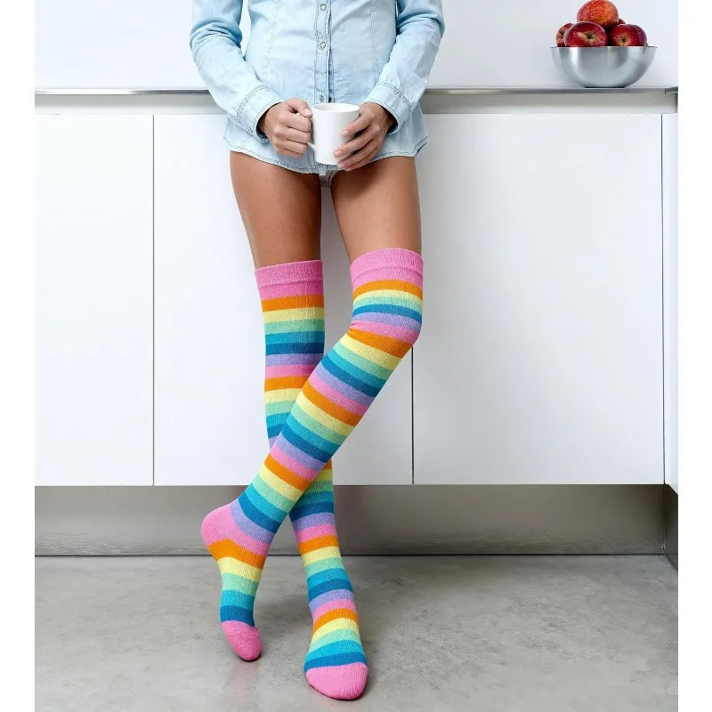 Women's Rainbow Stripe Thigh Socks Length Party Holiday Performance