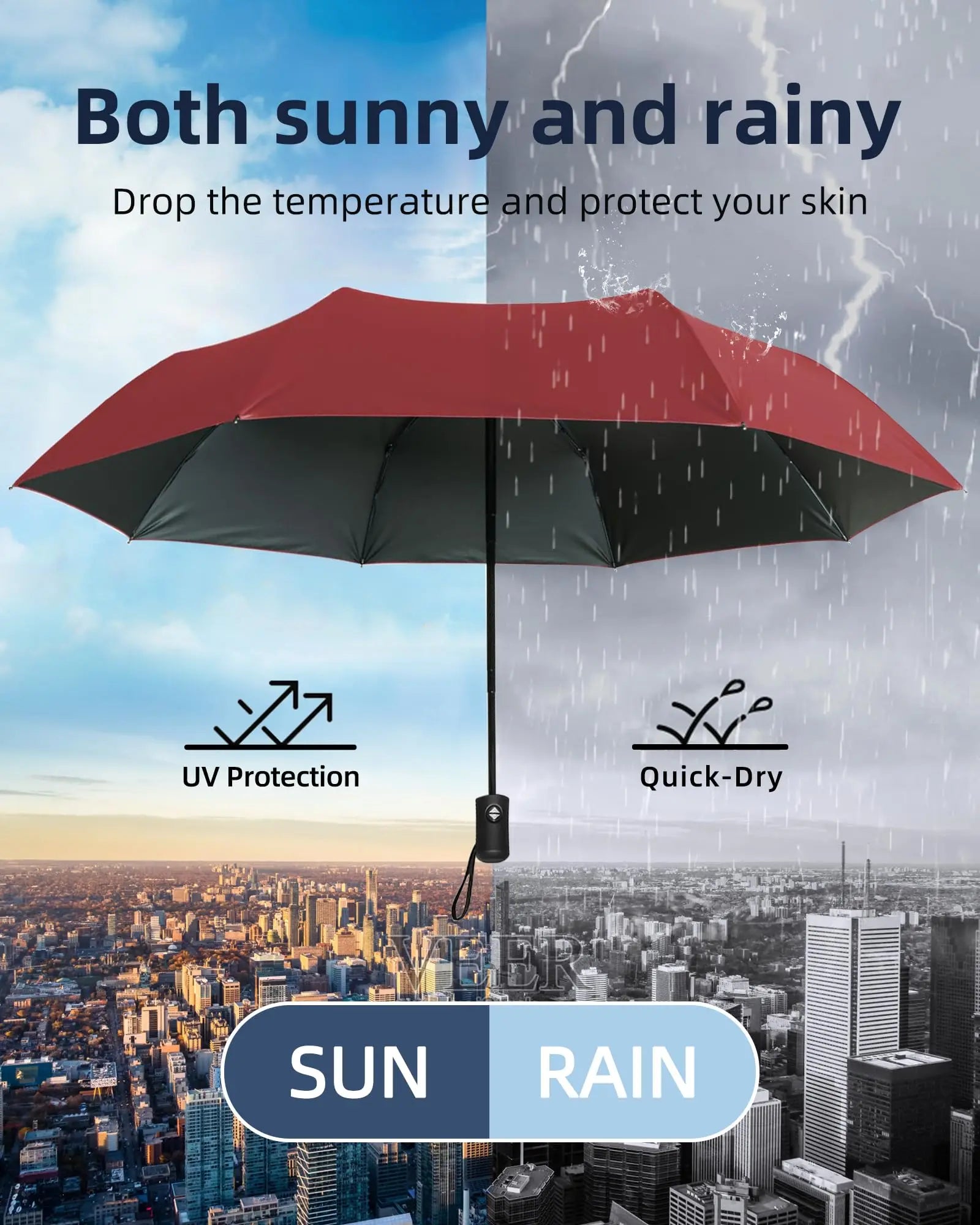 12 Bone Black Glue Fully Automatic Umbrella Thick Durable Three-Fold UV Resistant Folding Design for Protection And Style Zpaxo