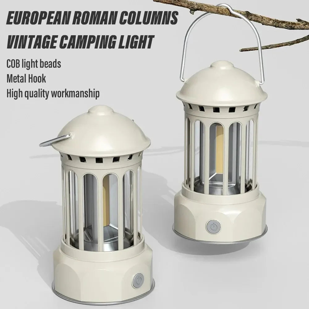 Vintage Roman Pillar LED Camping Lantern – Rechargeable + Hook