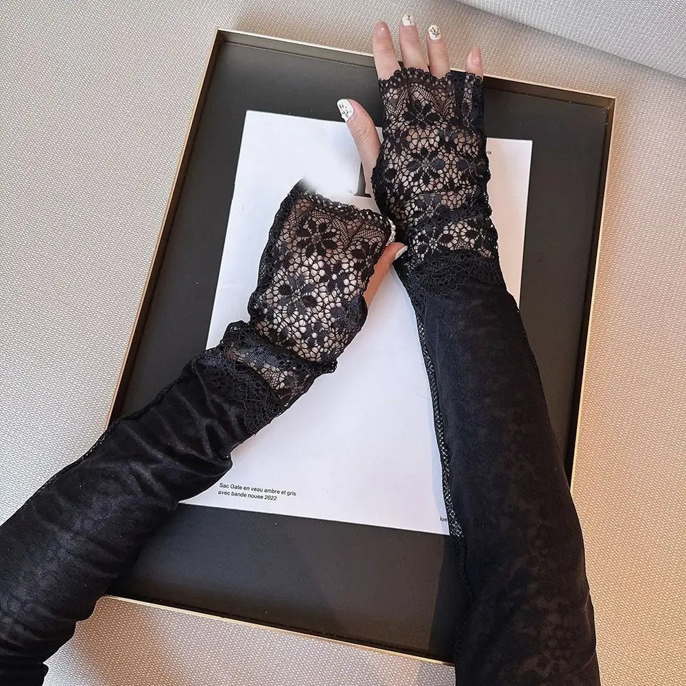 Fashion Ice Silk Sun Protection Sleeves Lace Long Fingerless Sunscreen Sleeves Elastic UV Protection Arm Sleeve Summer Outdoor Zpaxo
