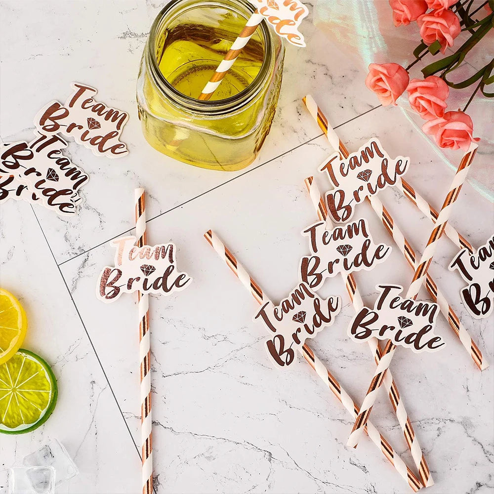 10Pcs Party Straws Team Bride Rose Gold Foil Paper Drinking Straws Bridal Shower Wedding Hen Party Accessories Zpaxo