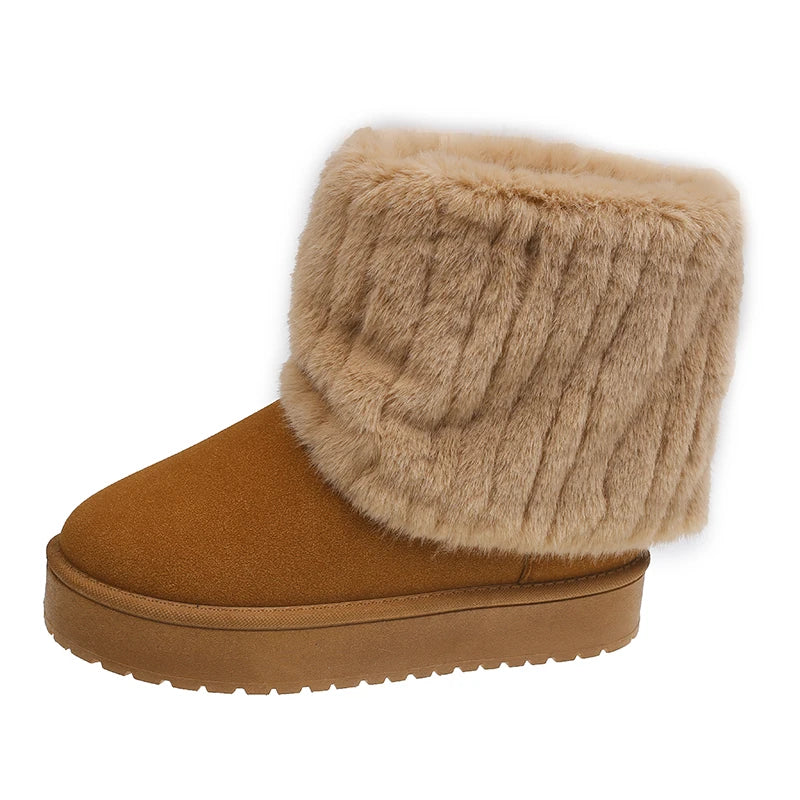 Fashion Women Round Toe Warm Thickened Plush Winter Beige Mid-calf