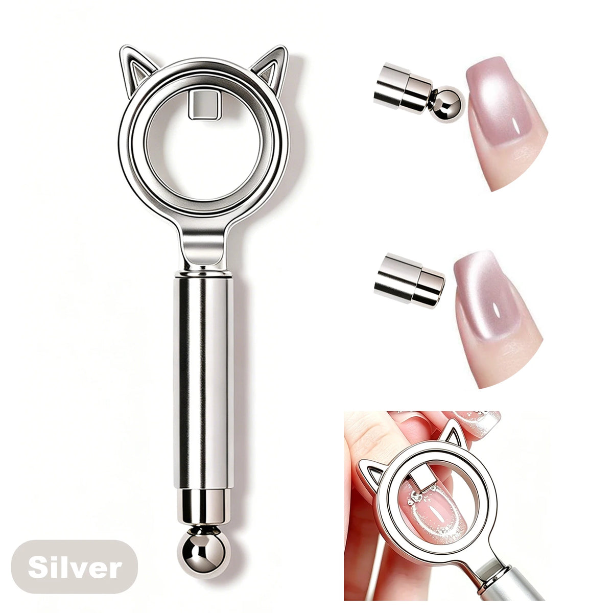 Cat Ear Shape Halo Cat Eye Nail Magnet Strong Ring Magnetic Tool for Glass Bead Side Light Nail Art DIY Magnetic Gel Manicure Zpaxo Silver