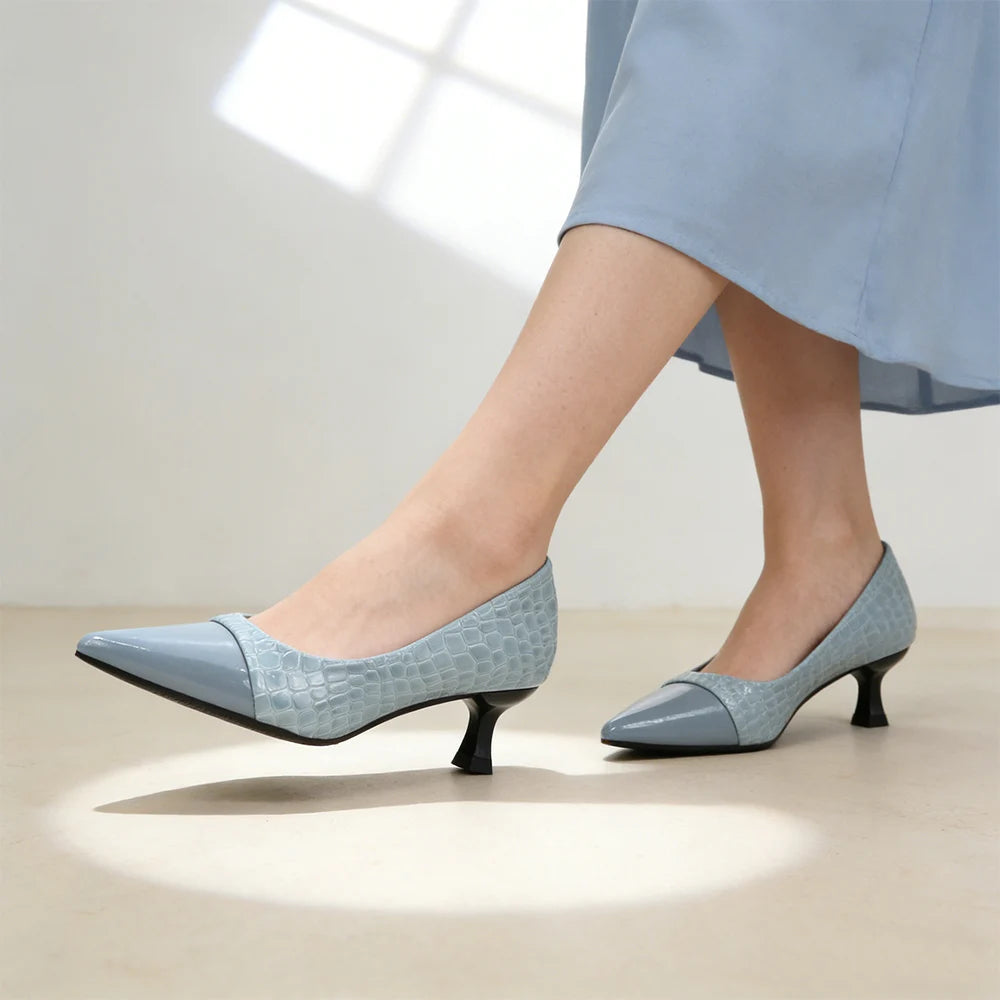 Sky Blue Pointed Toe Block Heel Pumps | Faux Leather Slip-On