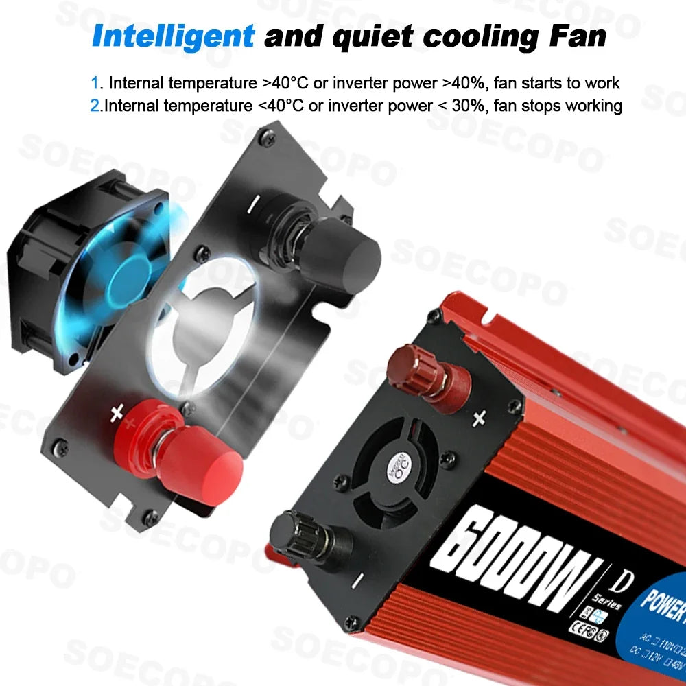 6000W Portable Smart Inverter 12V 24V 48V 110V 220V AC USB Port