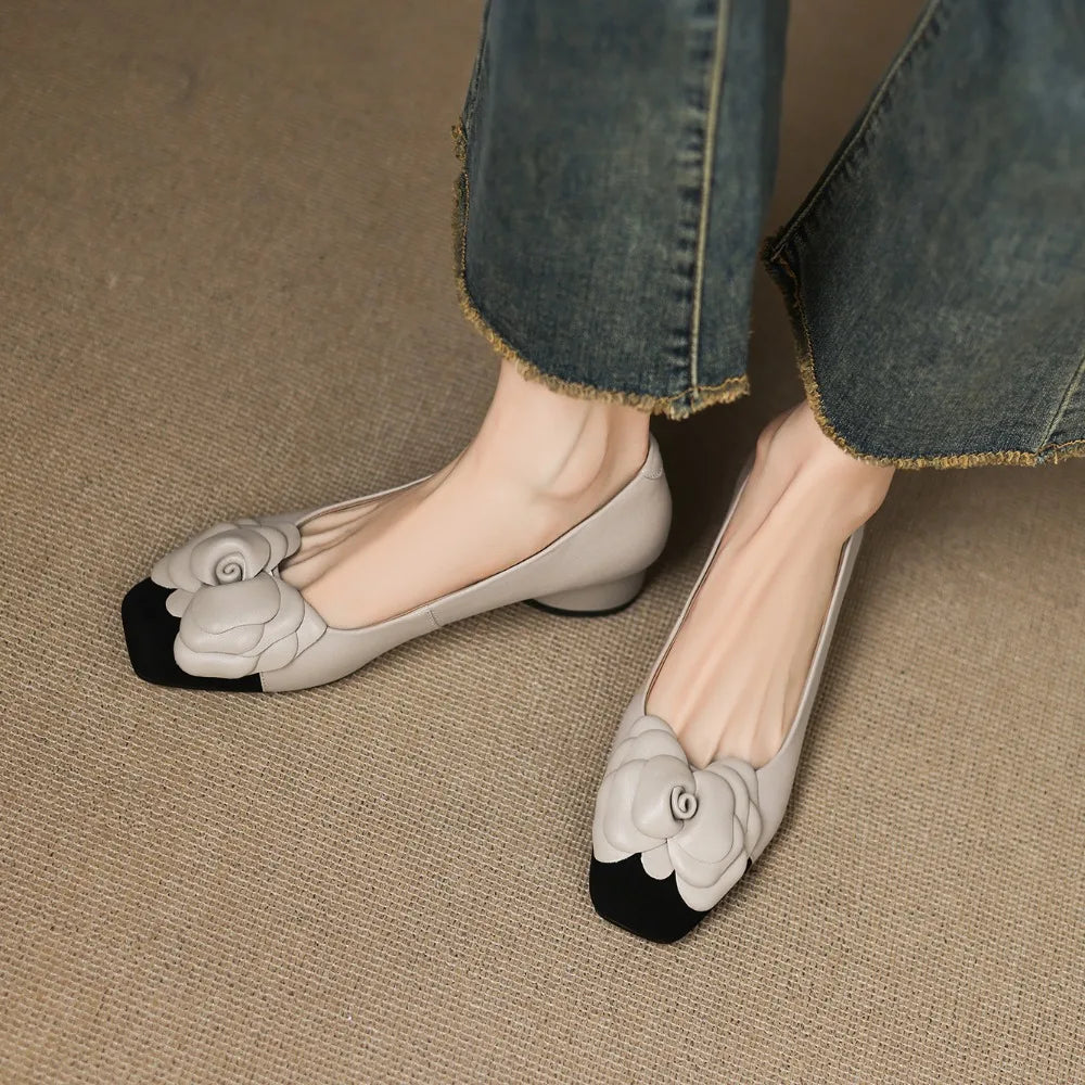 Fashion Flower Single Shoes Autumn Square Toe Shallow Mouth Slip-on