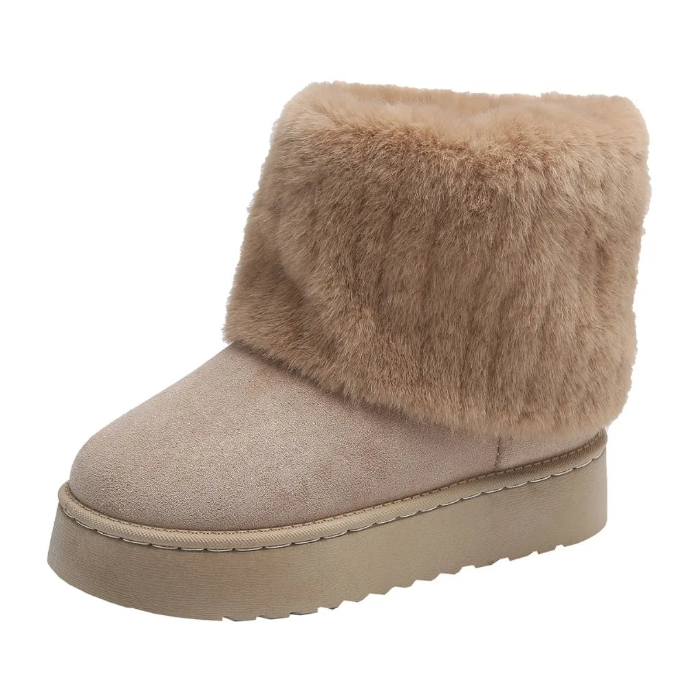 Shoes Women Winter Women's Boots Black Round Toe Solid Flock Plush