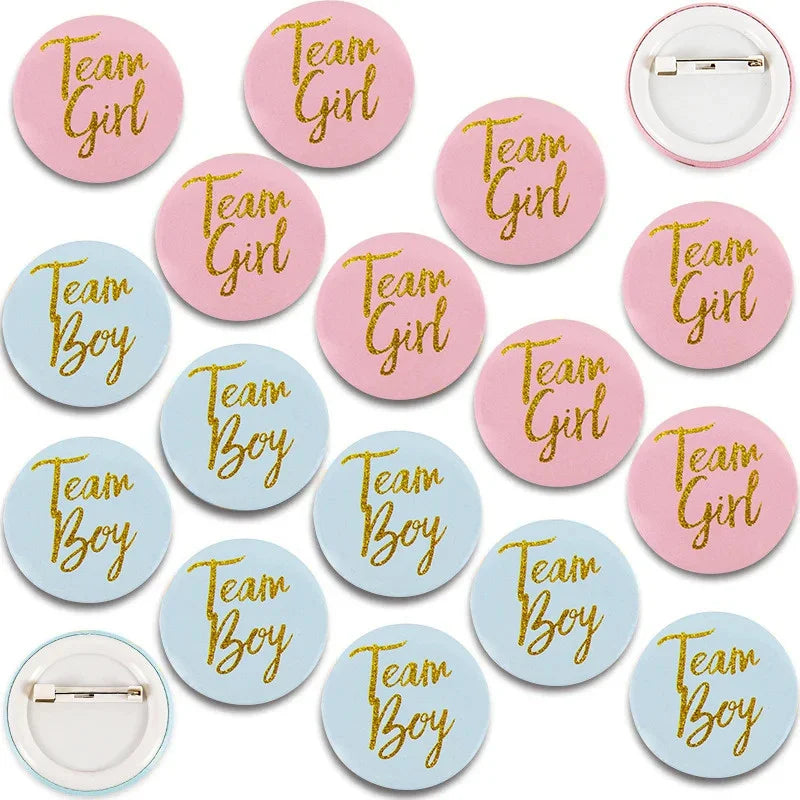 Team Boy Girl Button Pins Gender Reveal Tinplate Badges Guests Party