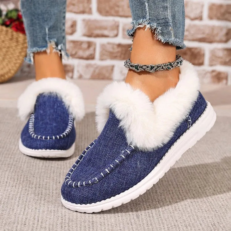 Women Casual Shoes 2025 New Slip-On Platform Sneakers Women Thickened Fluff Shoes Winter Warm Faux Fur Lined Ankle Boots Women Zpaxo Deep Blue 36