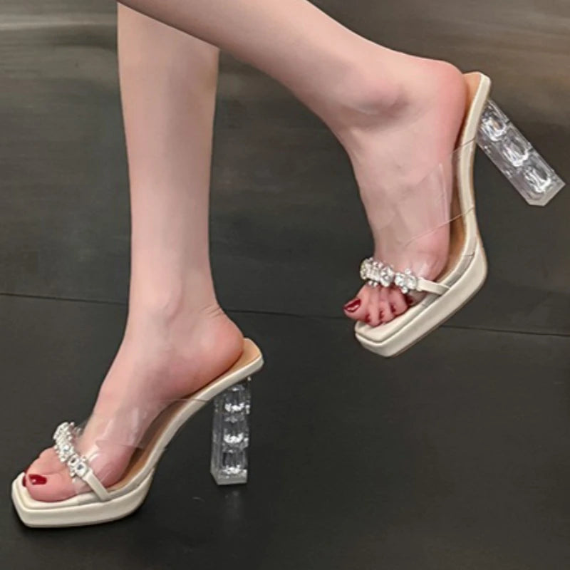 Women's Square Open Toe Rhinestone Embellishment Elegant Heel Zpaxo