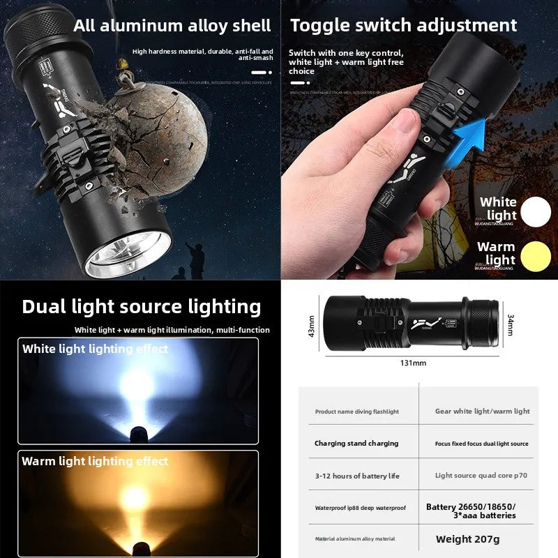 Professional Diving Flashlight Strong Light L2 Electromagnetic