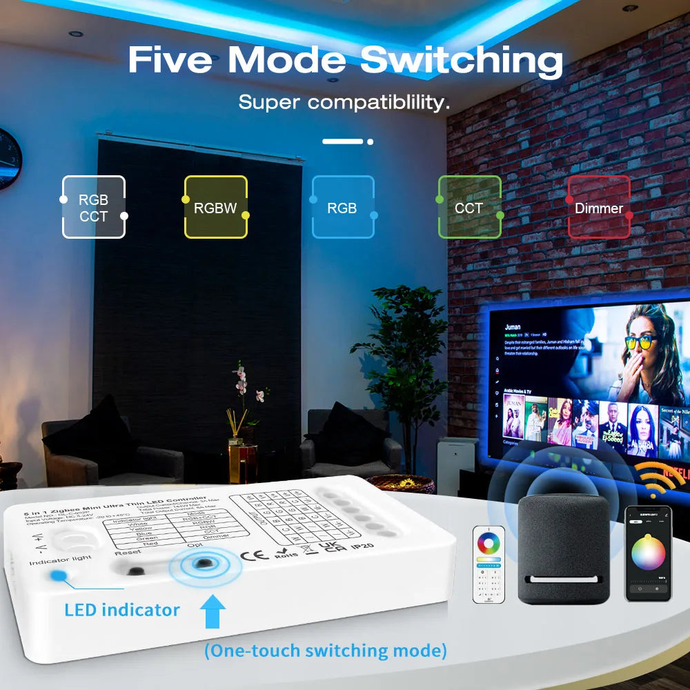 Zigbee Mini 5 in1 12/24V RGBCCT/RGBW/RGB/CCT/Dimmer LED Light Strip Controller Tuya Smart Life App/2.4G Remote Control Alexa Hue Zpaxo