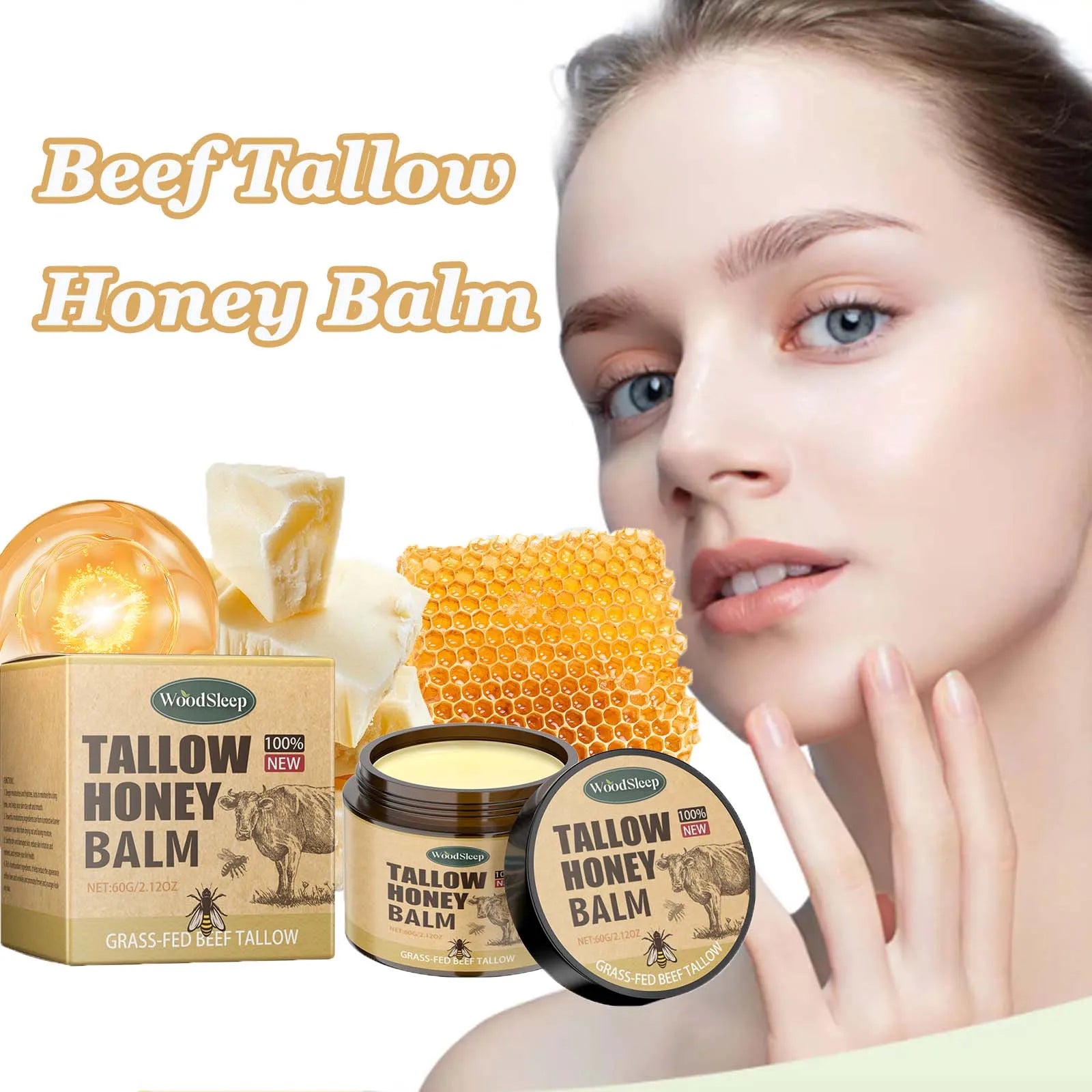Beef Tallow Honey Balm Moisturizing Hydrating Face Cream Body Lotion Fades Fine Lines Tighten Soothen Brightening Facial Skin Zpaxo