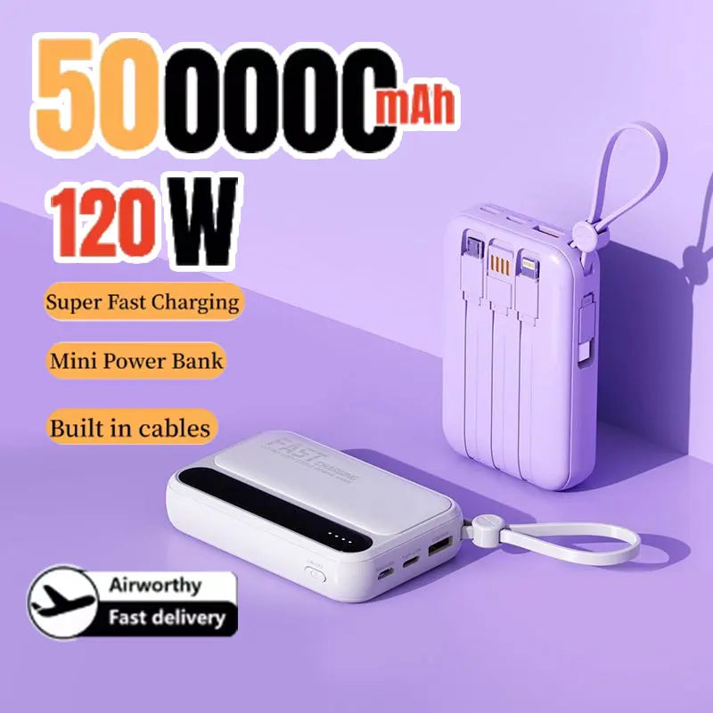 500000mAh 120W Power Bank Large Capacity 4 In1 Cables Intelligent Digital Display Light Portable Powerbank For iPhone Huawei New Zpaxo