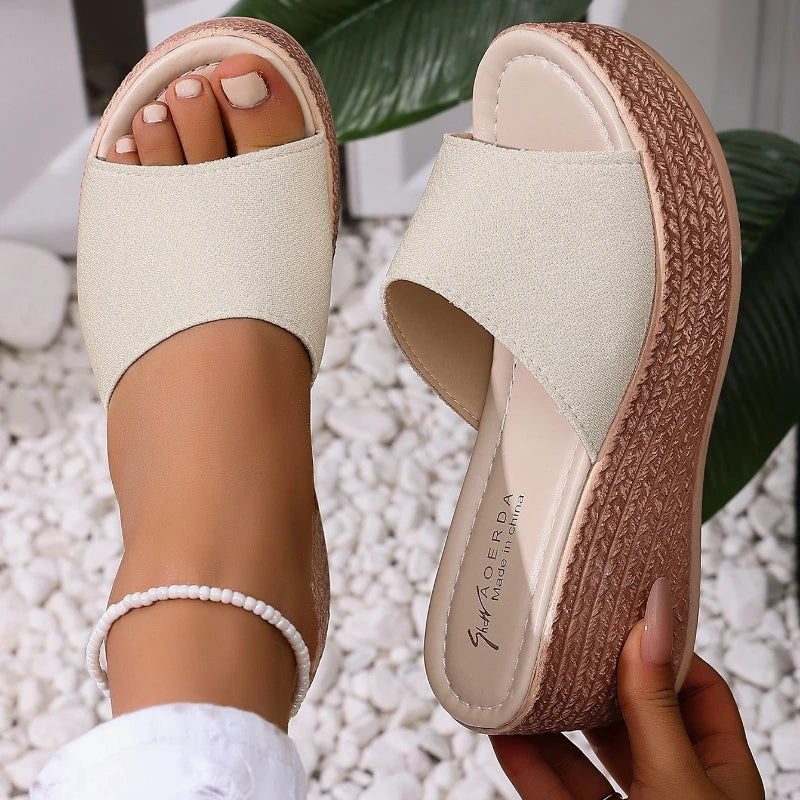 Women Slippers 2025 Casual Platform Wedge Sandals Open Toe Thick Zpaxo Beige 42