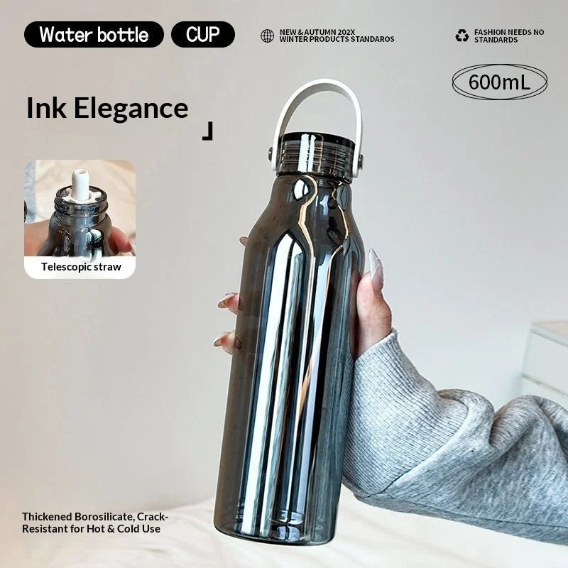 600ML Portable Graduated Water Cup with Handle for Women's Household Use, High Borosilicate Straw Cup, Heat-resistant Glass Cup Zpaxo smoke gray