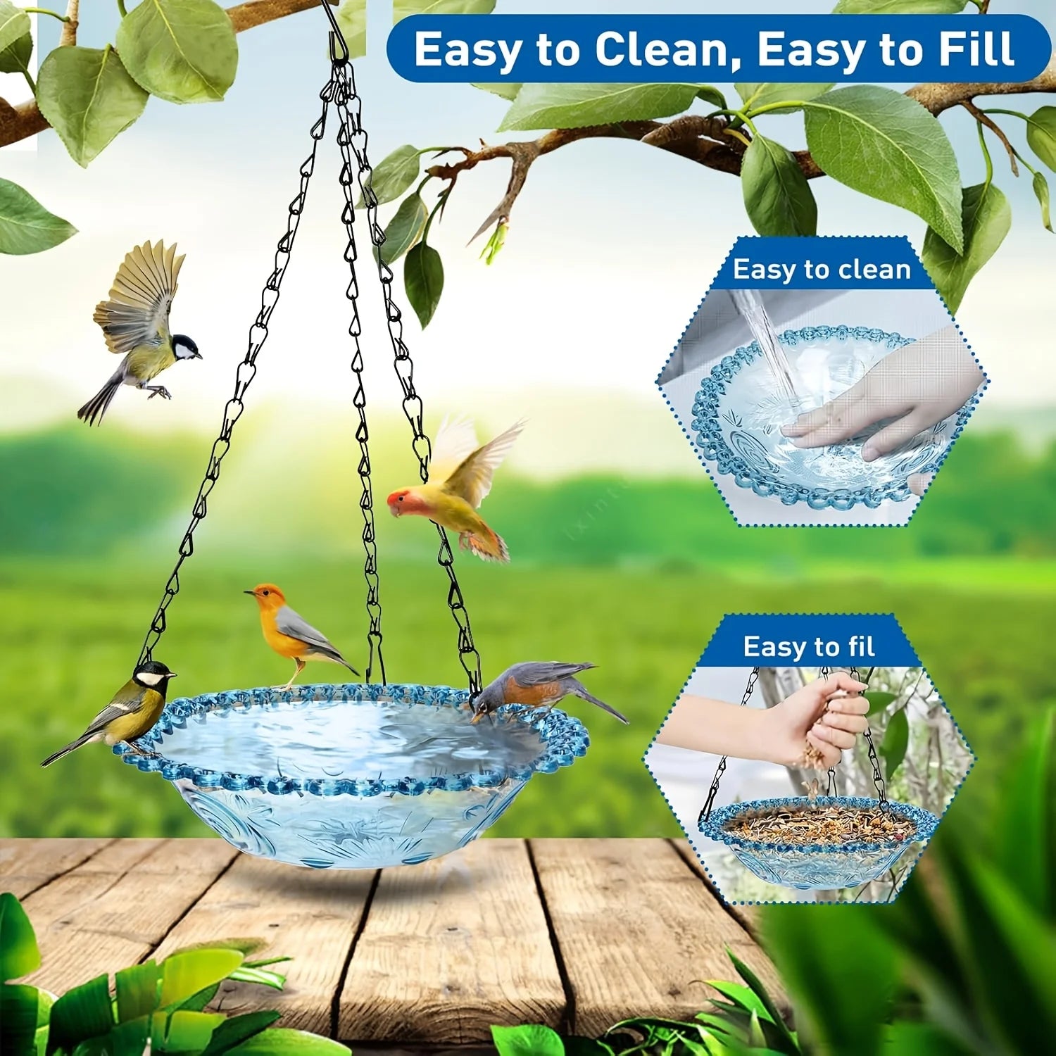 Outdoor Hanging Bird Feeder Bath Combo Feeders Waterers 3-In-1 Garden