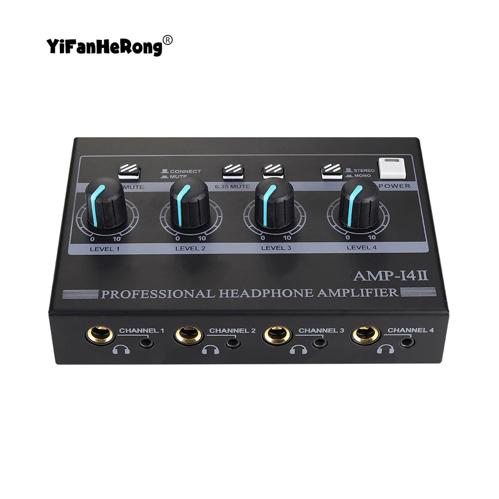 4 Channel Professional Headphone Amplifier Support Mono/Stereo Audio Amp with RCA & 3.5mm & 6.35mm Input for Studio and Stage Zpaxo with EU Plug