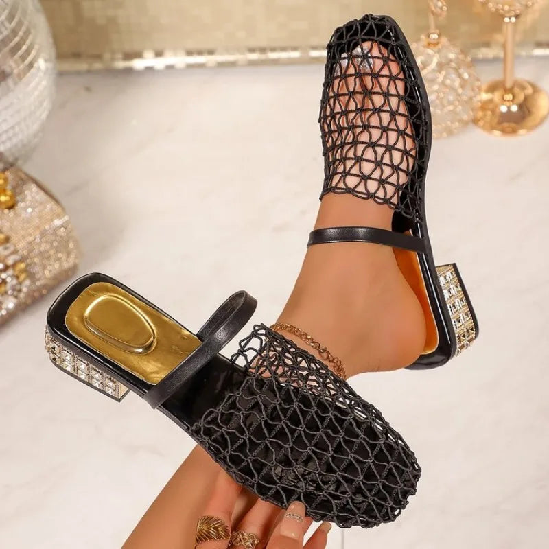 Summer Mesh Mid Heels Women's Slippers Casual Hollow Out Beach Closed Zpaxo