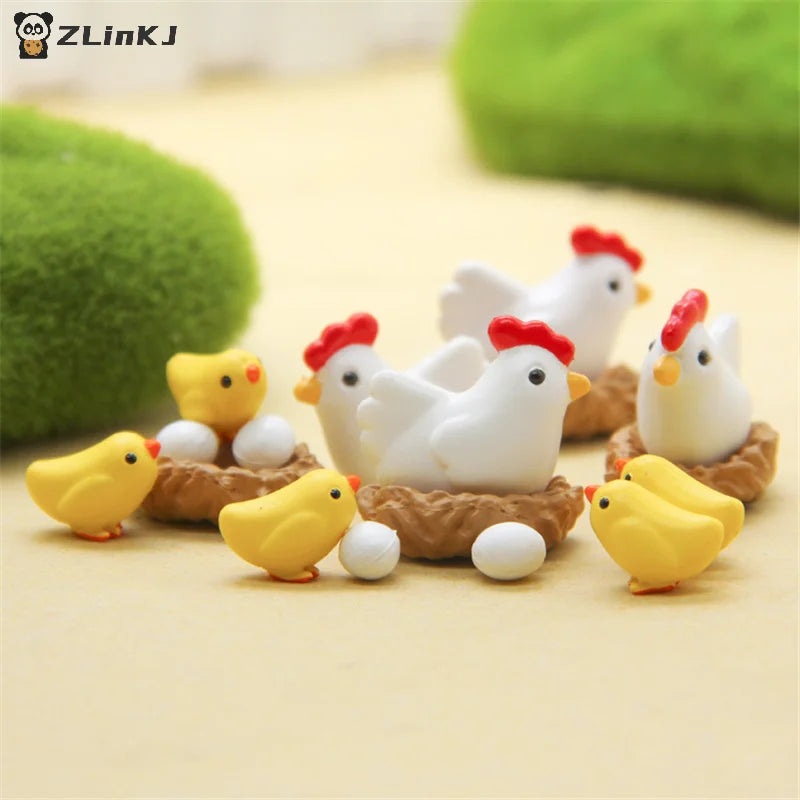 ▶10Pcs Figurines Cute Family Garden Miniatures Artificial Micro Landscape (2hens + 2nests + 3little Yellow Chickens + 3eggs) Zpaxo