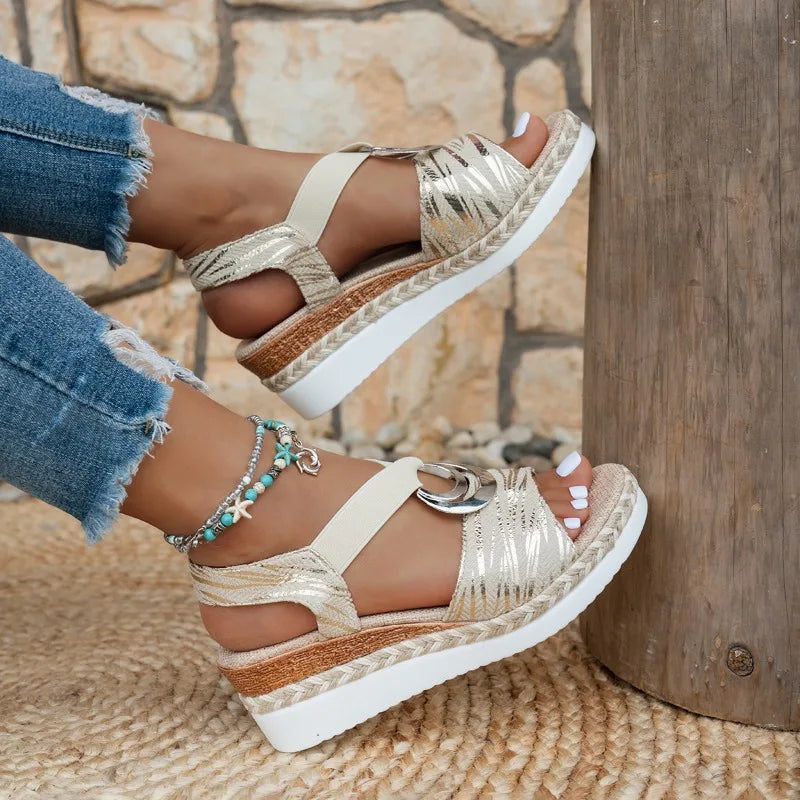 Women's Sandals Metal Buckle Embellishment Wedge Thick Bottom Women Zpaxo