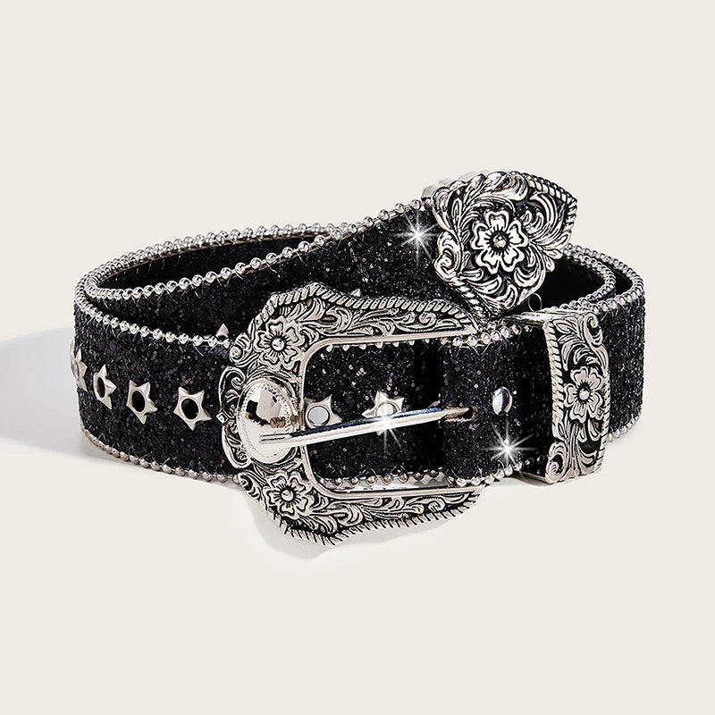 Eye-catching Rhinestone Gothic Belts Girls Western Cowboy PU Leather Zpaxo Black