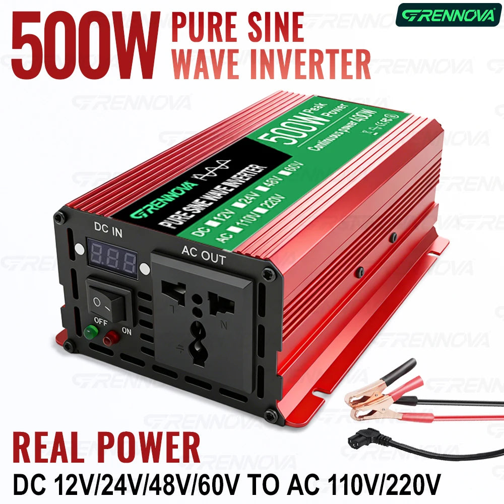 Pure Sine Wave Inverter 500W DC 12V/24V/48V/60V to AC 110V/220V Voltage Transformer Real Power 400W for Home Solar System Zpaxo
