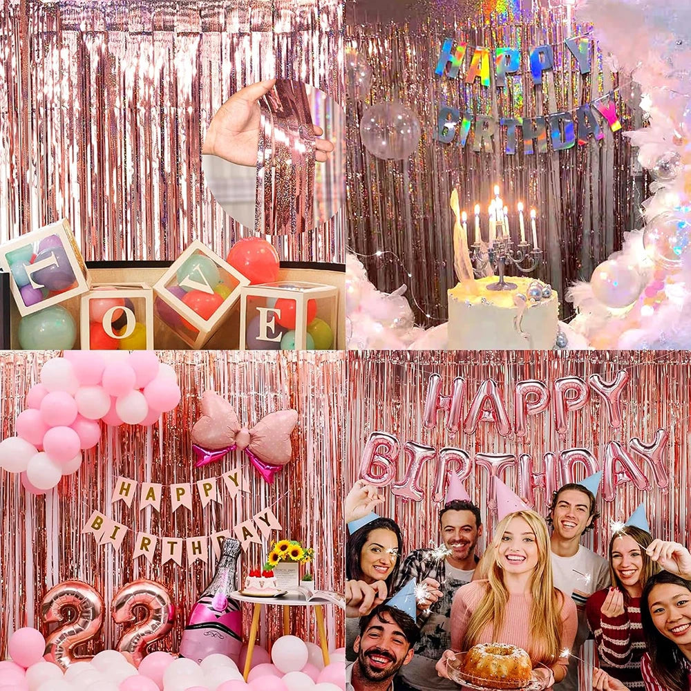 Rose Gold Foil Curtain Backdrop Metallic Tinsel Fringe Curtains