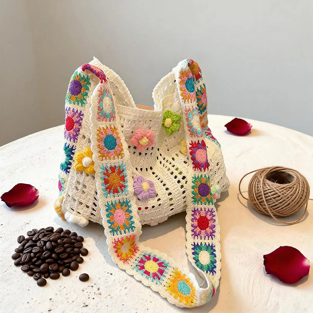 Boho Crochet Flower Bag – Women's Woven Beach Tote Handbag Crochet Tote Bag Zpaxo