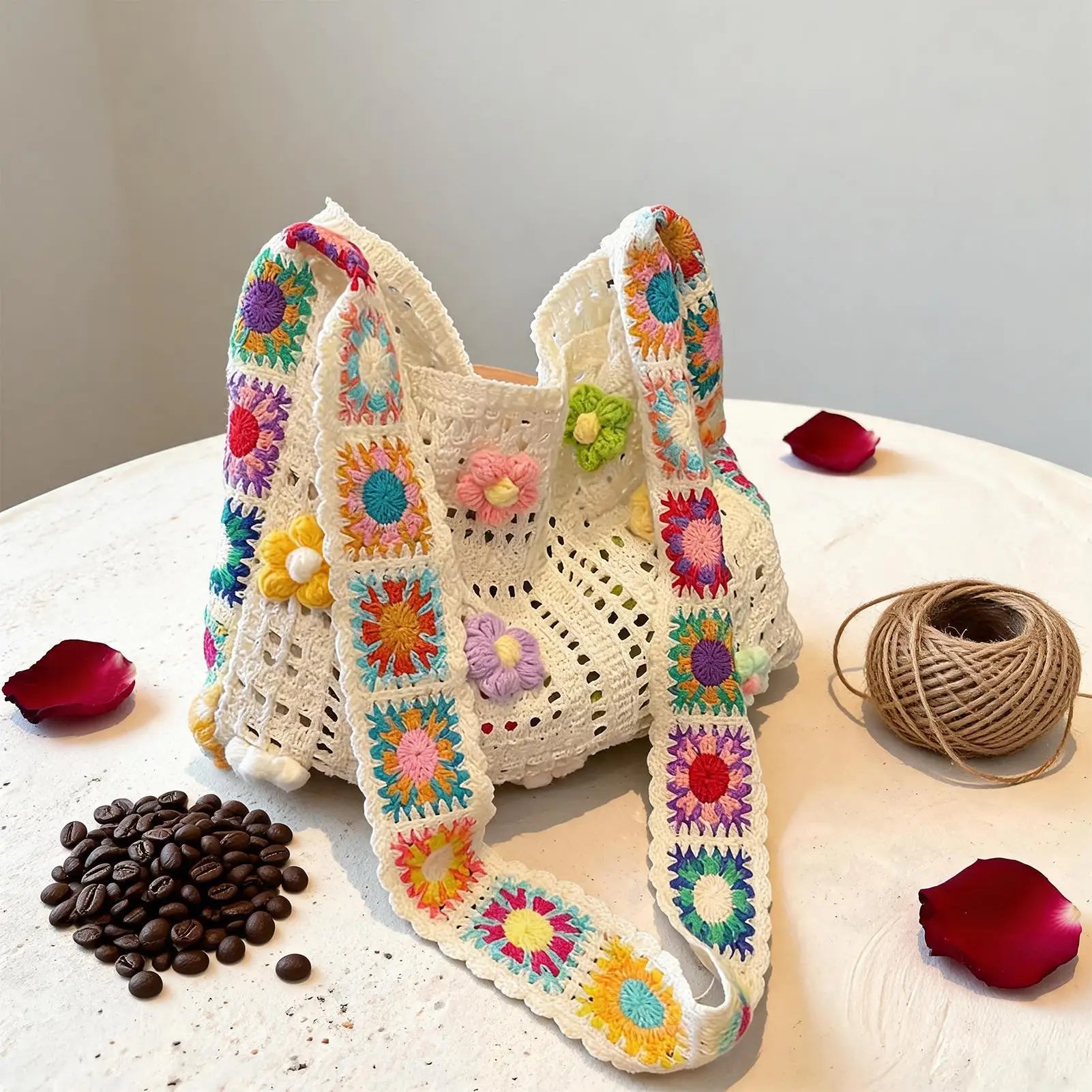 Boho Crochet Flower Bag – Women's Woven Beach Tote Handbag Crochet Tote Bag Zpaxo