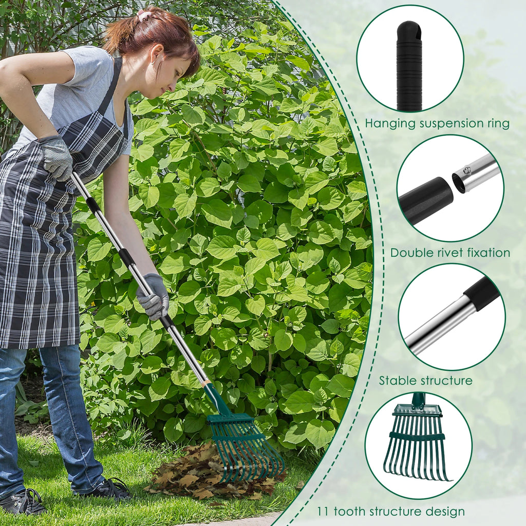 Garden Leaf Rake 51.6 inch Adjustable Long Handle With 11 Prong High Strength Shrub Flower Bed Cleaning Rake for Autumn Garden Zpaxo