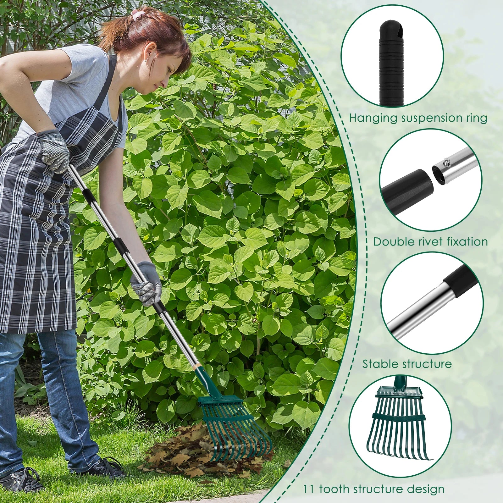 Garden Leaf Rake 51.6 inch Adjustable Long Handle With 11 Prong High Strength Shrub Flower Bed Cleaning Rake for Autumn Garden Zpaxo