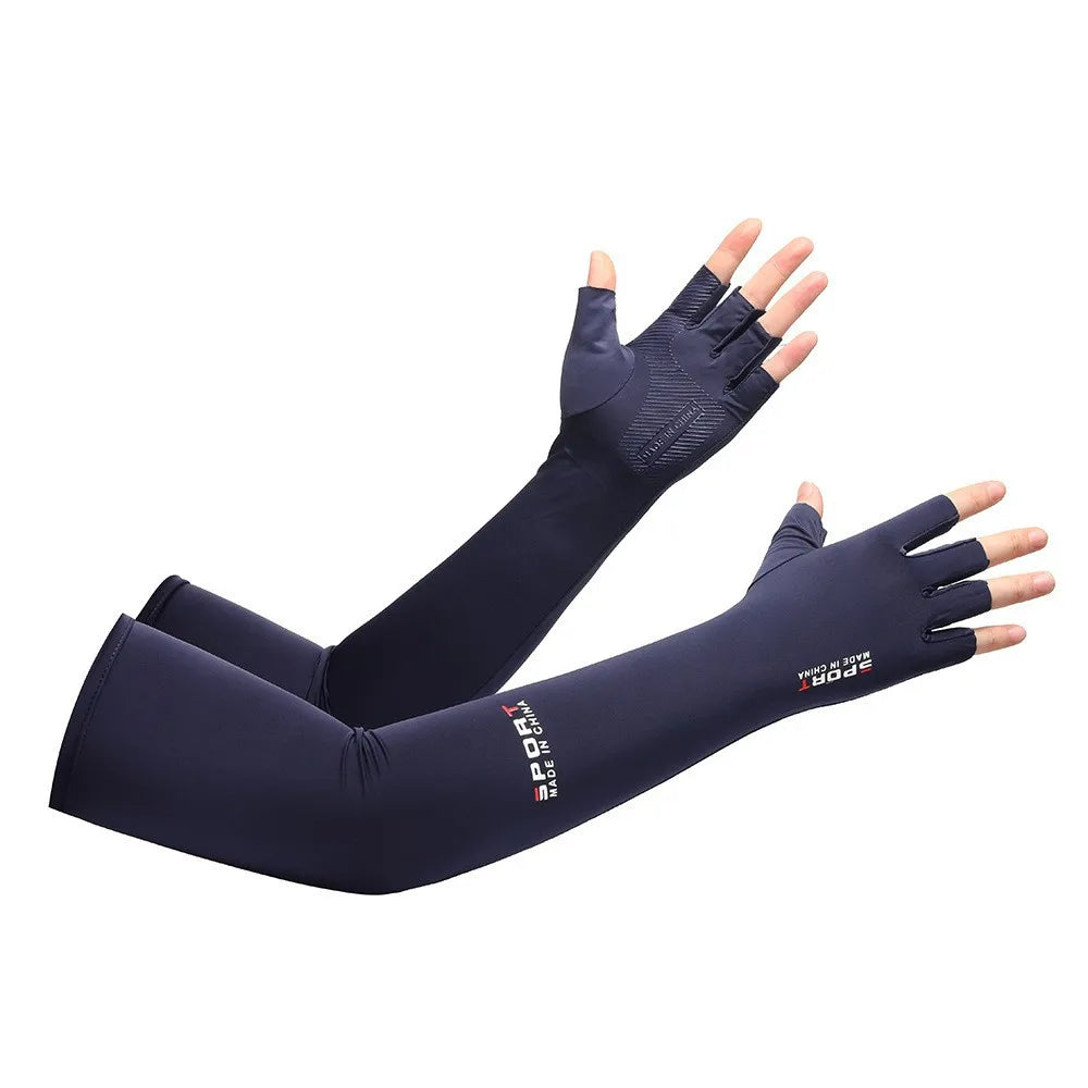 Sunscreen gloves summer ice silk anti UV half finger sleeves men's and women's fishing extended Zpaxo Blue sleeve cover