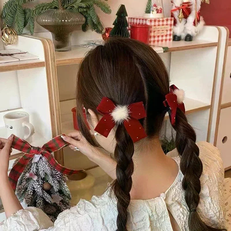 Red Velvet Bow Hair Pins Alloy Heart Clips Kids Girls Pompom Zpaxo