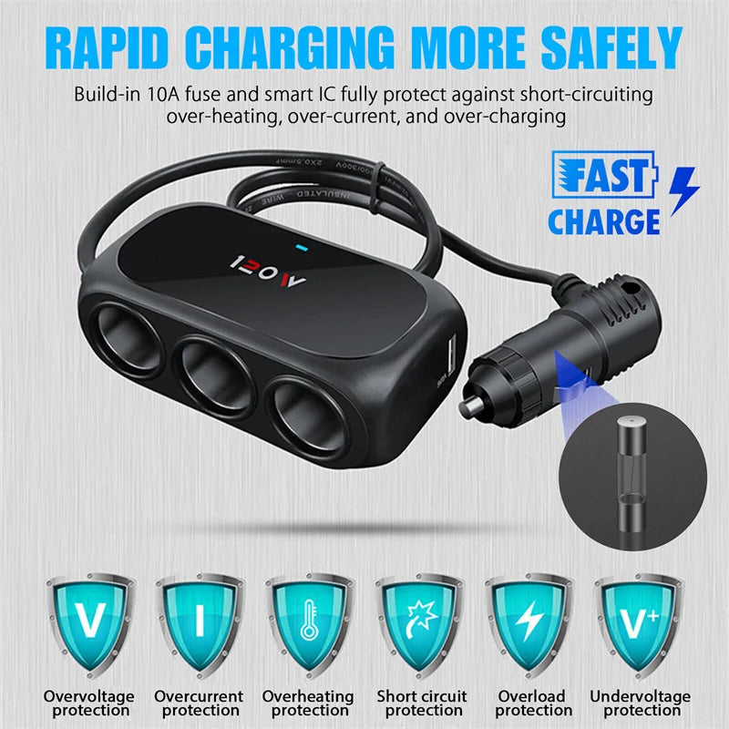 3 Socket Car Cigarette Lighter Splitter Dual USB LED Fast Charger