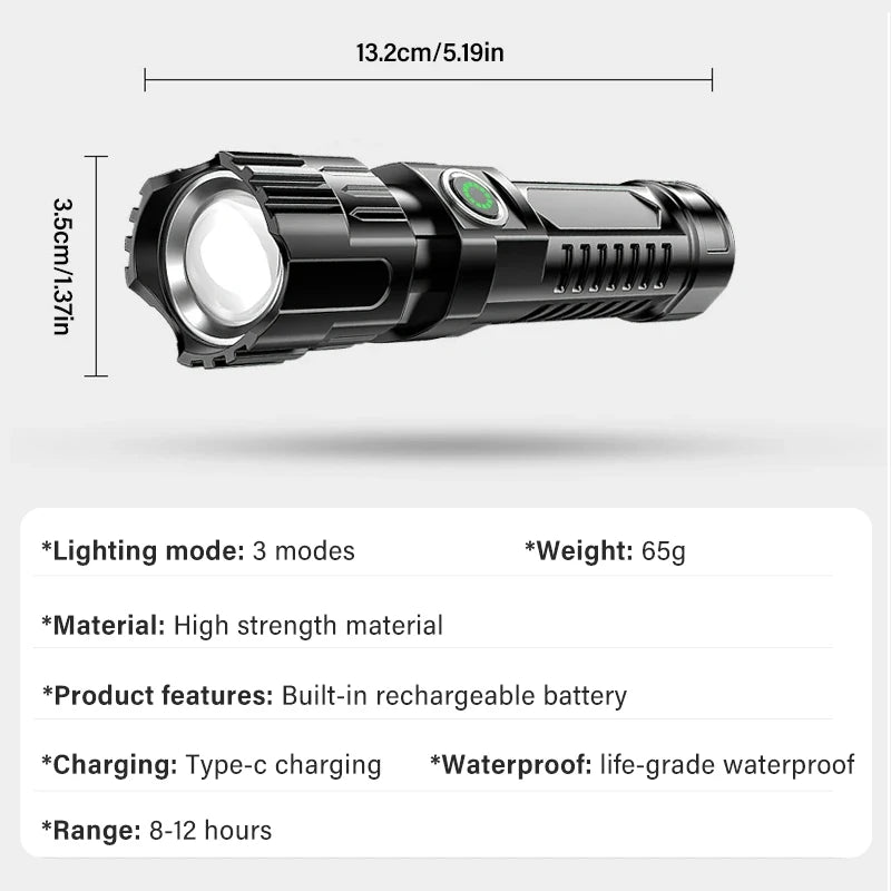 Zoomable Rechargeable LED Flashlight – 1000LM, 3 Modes, Type-C