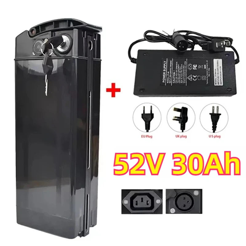 New 48V 52V Silverfish-Batterie Pour Vélo Électrique 30AH 20Ah 17Ah Batteries Haute Capacité Cellules 18650 Power 500-2000W Zpaxo 52V 30Ah and charger