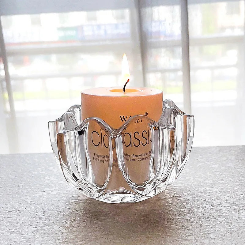French Flower Mouth Crystal Glass Candle Holder Transparent Romantic