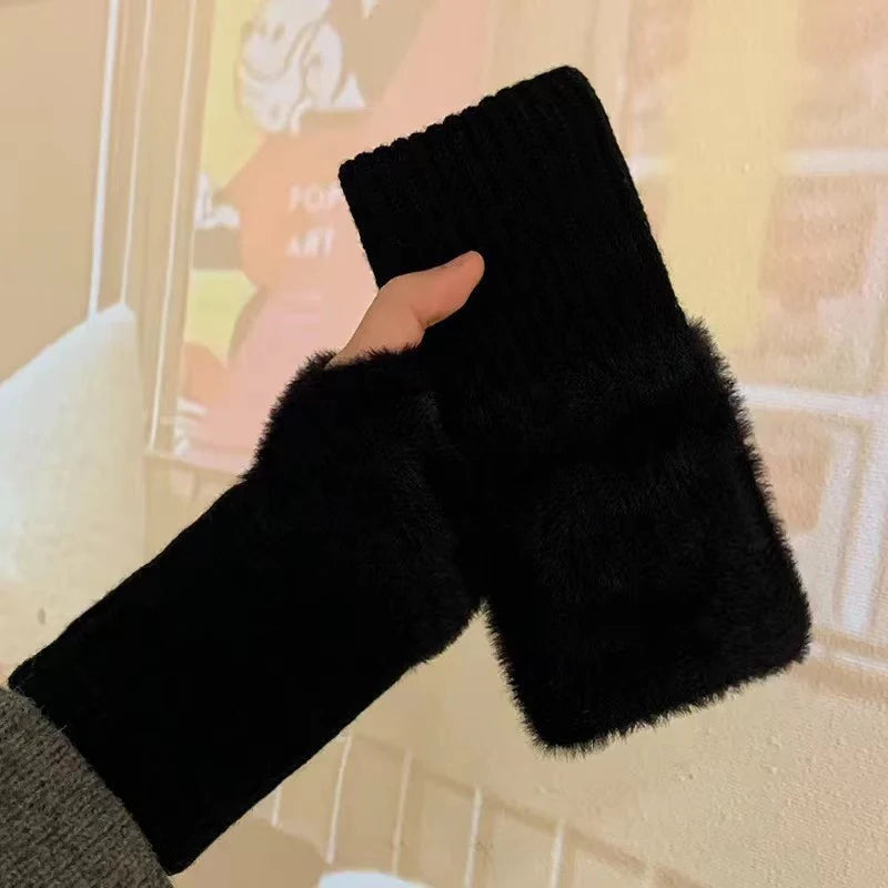Autumn Winter Soft Mink Fleece Half Finger Gloves Women Plush Knitted Fingerless Gloves Wrist Mittens Driving Writting Gloves Zpaxo black