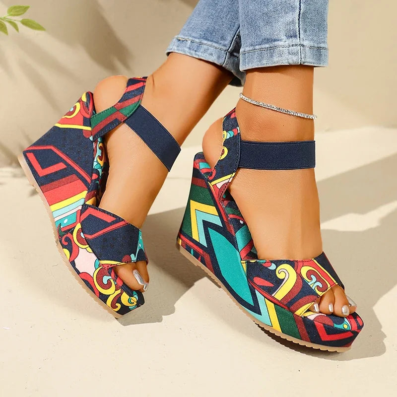 Shoes Women 2025 Wedge Sandals Retro Ethnic Printing Platform Ladies