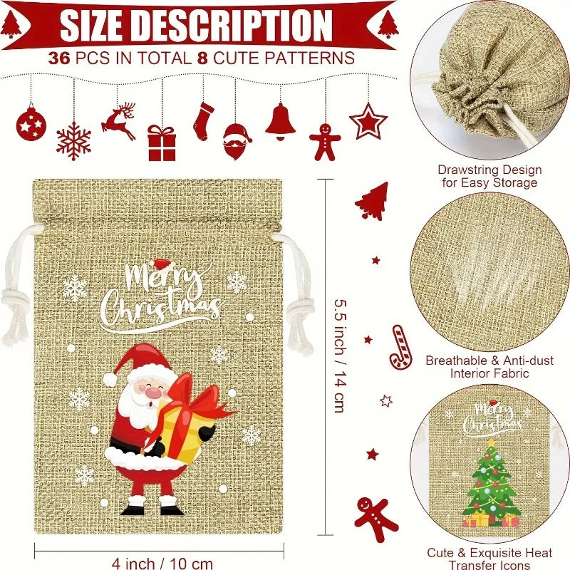Christmas Burlap Bags Drawstring Linen Sacks Reindeer Tree Designs