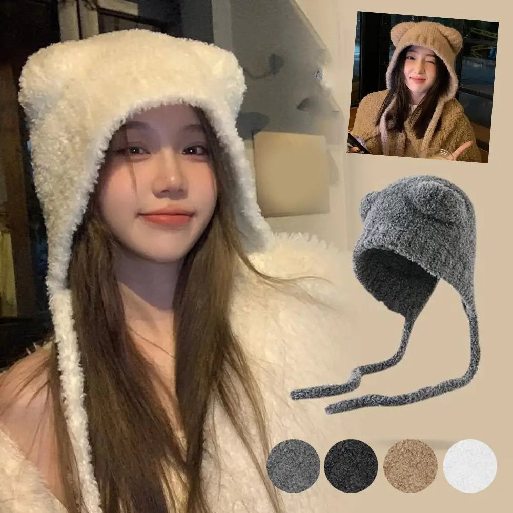 Autumn/Winter Cute Plush Wool Hat with Bear Ear Cold-proof Windproof Knitted Hat Long-lasting Warm for Women Girls Zpaxo