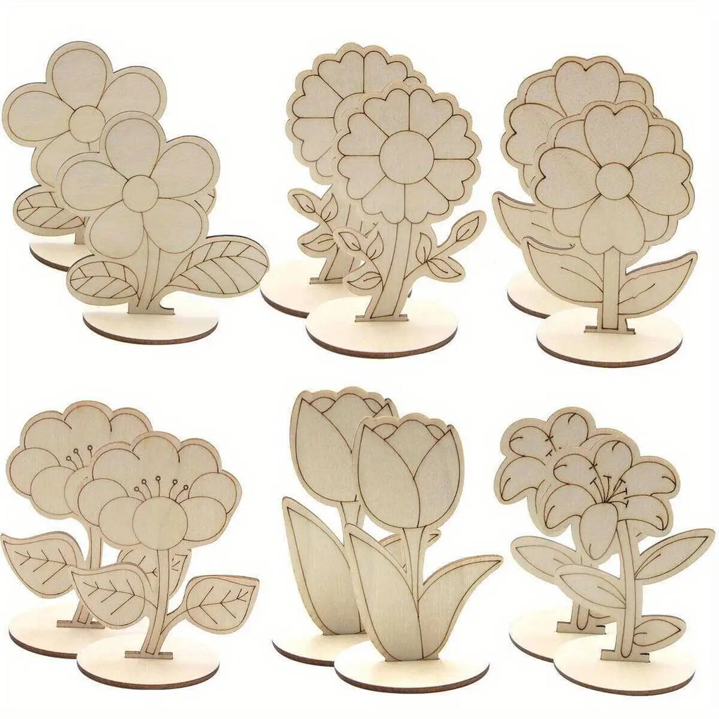 6Pcs/Set Rose/Lily/Sunflower Wooden Ornament Wood DIY Painting Crafts For Spring Happy Easter Party Table Decoration Supply Zpaxo