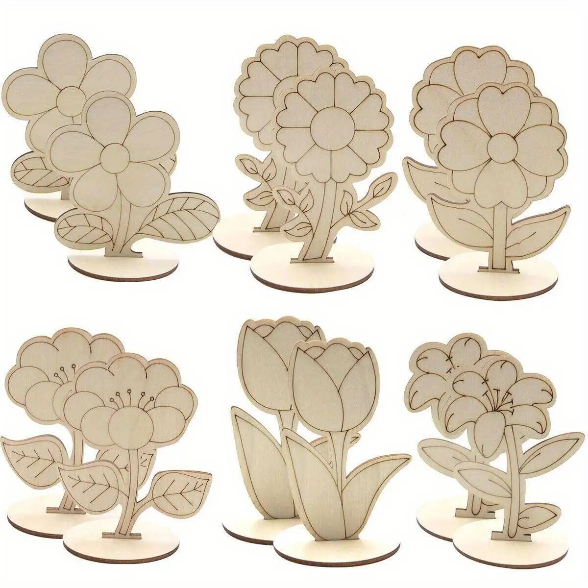 6Pcs/Set Rose/Lily/Sunflower Wooden Ornament Wood DIY Painting Crafts For Spring Happy Easter Party Table Decoration Supply Zpaxo