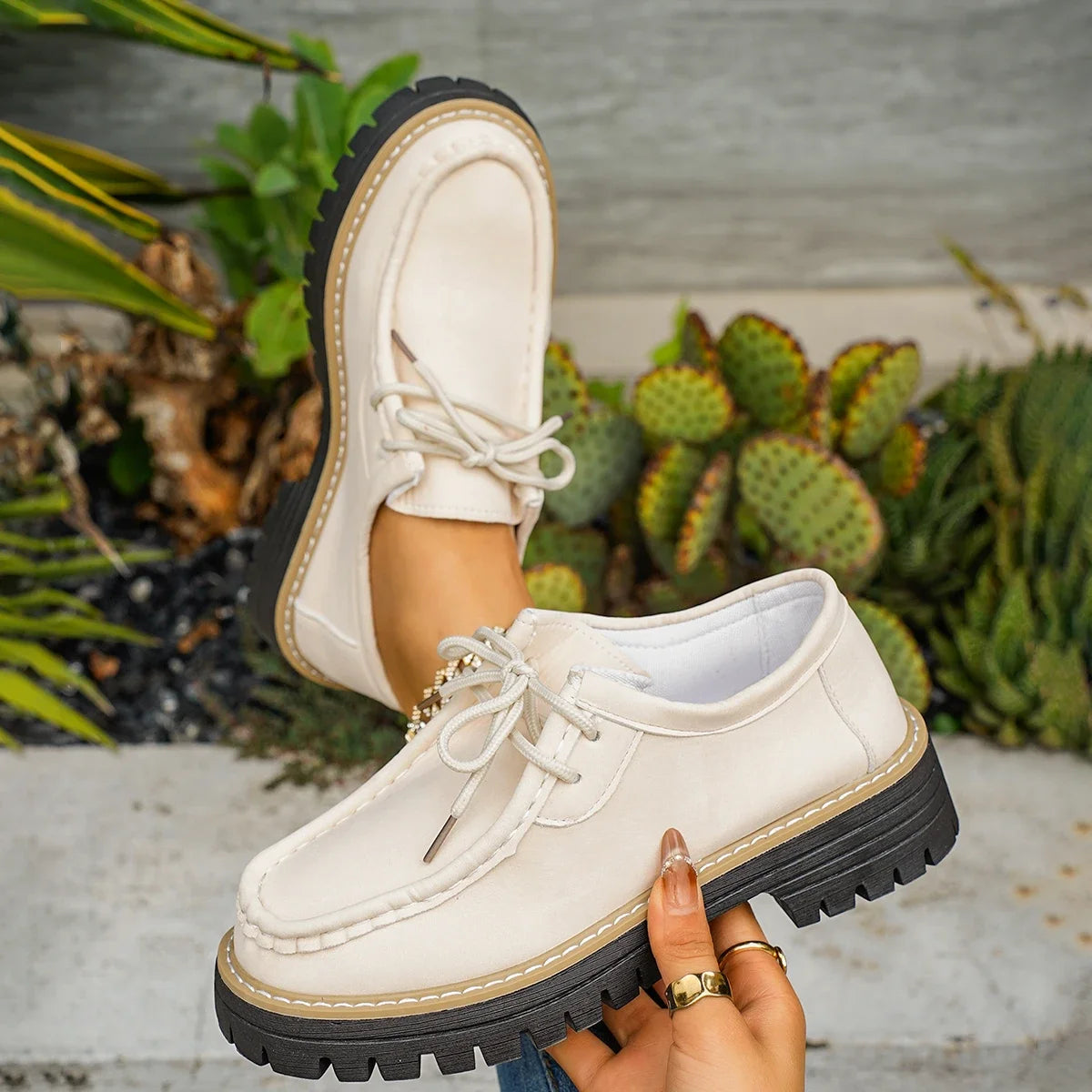 Woman Loafers Round Toe Rubber Outsole Sneakers Women Retro Autumn Large Size Shoes Ladies Casual British Style Thick Heel Shoes Zpaxo Beige 40