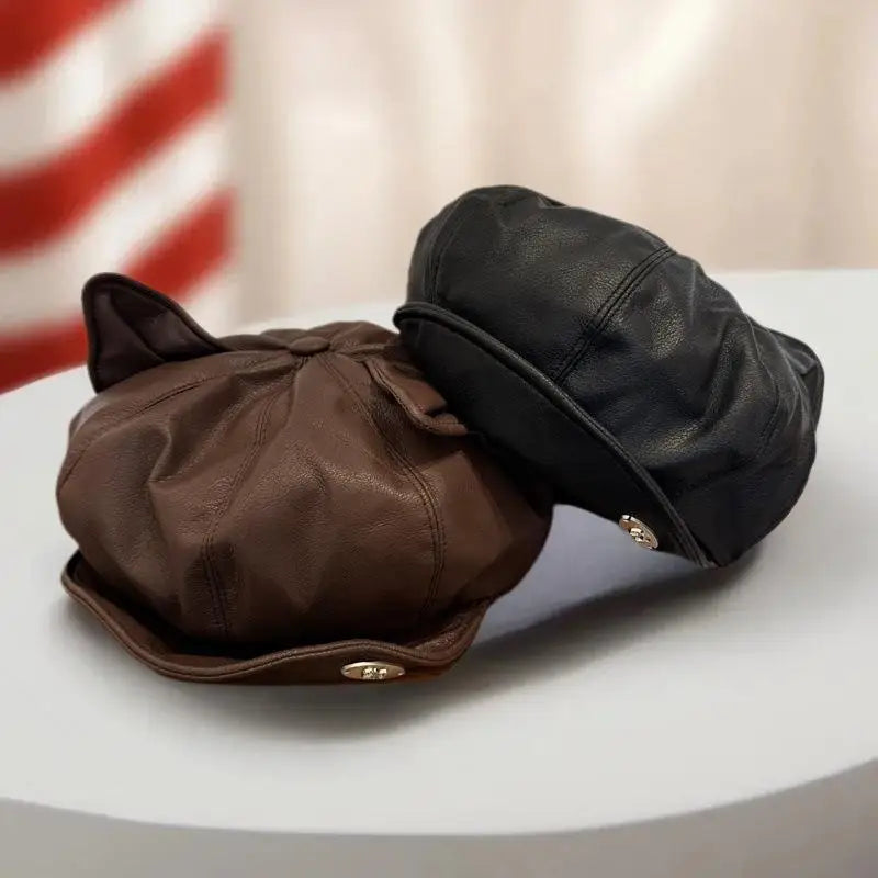 PU Leather Cute Cat Ear Berets Women Solid Casual Newsboy Cap Zpaxo