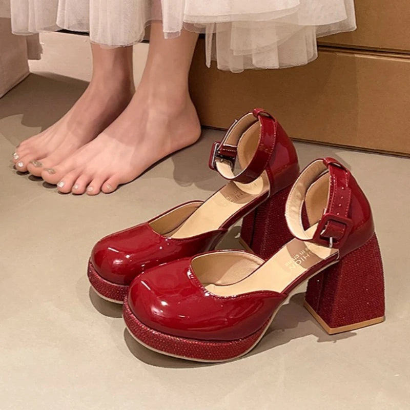 Women's Square Closed Toe Solid Block Heel Sandals Women Fashionable Zpaxo wine red 40