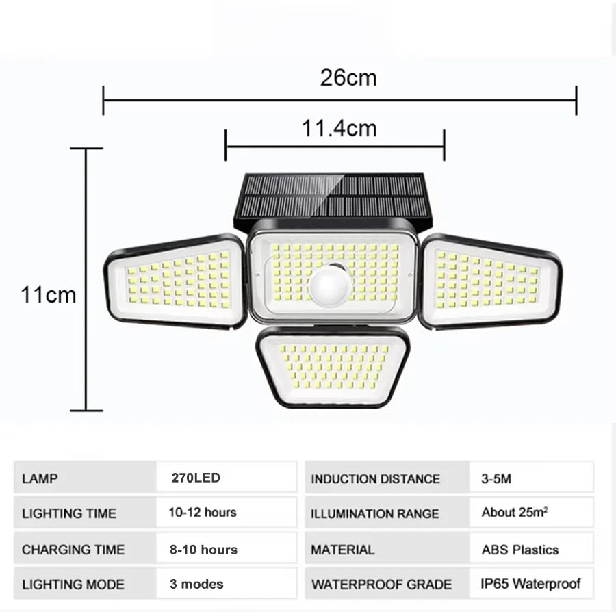 283LED Solar Lights Outdoor 4 Heads Motion Sensor Light Solar Security Lights Waterproof 3 Modes Flood Lights Garden Backyard Zpaxo 270LED Integrated