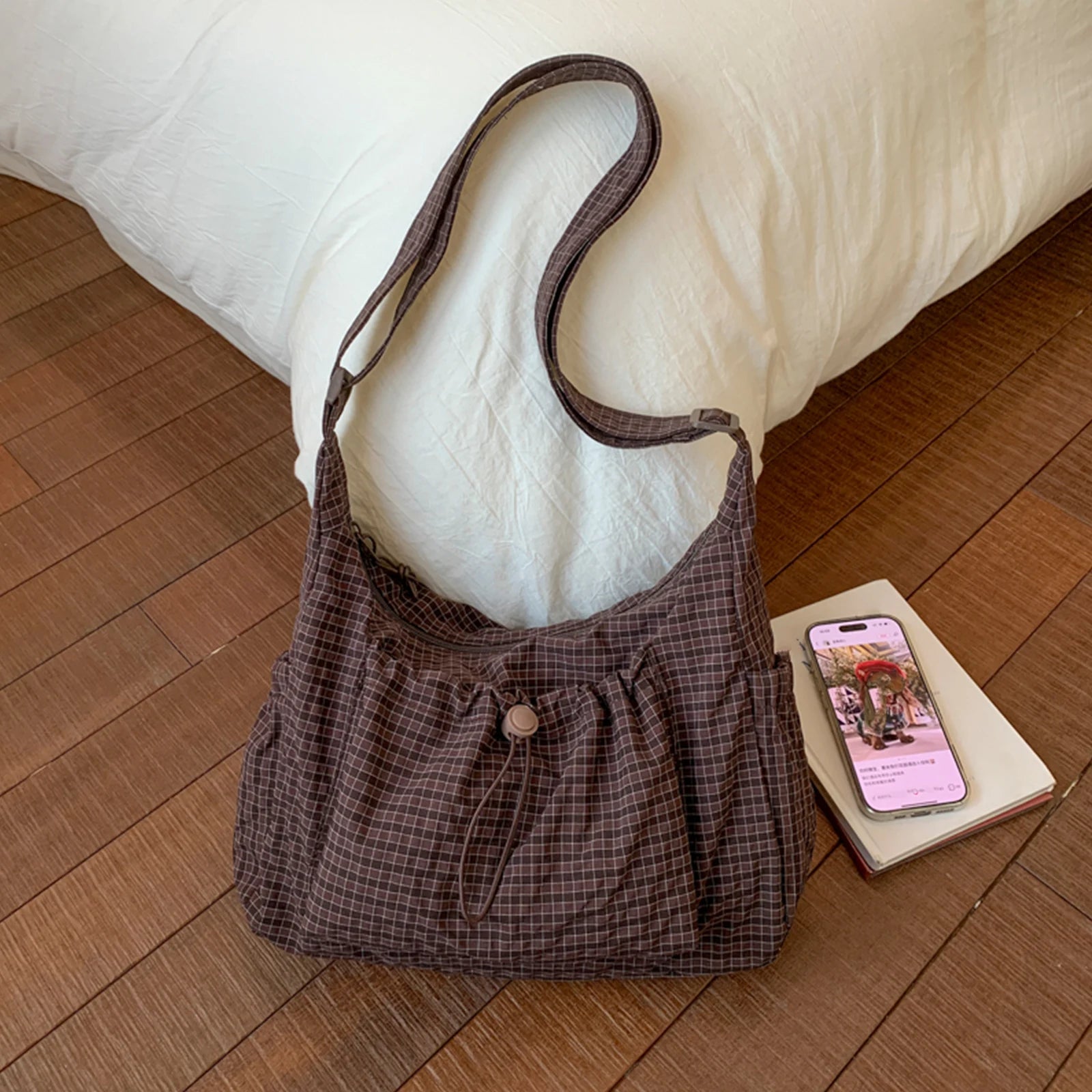 Women Pleated Cloud Shoulder Bag Nylon Stylish Plaid Tote Large Zpaxo Coffee