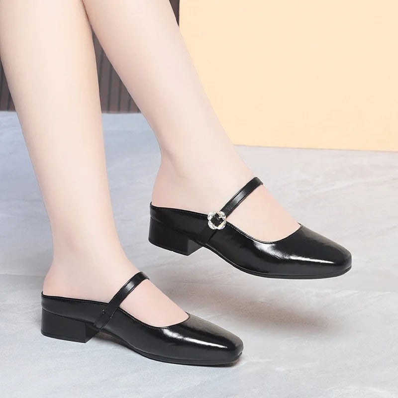 Black Patent Leather Mary Jane Mules Rhinestone Buckle Square Toe Low Zpaxo